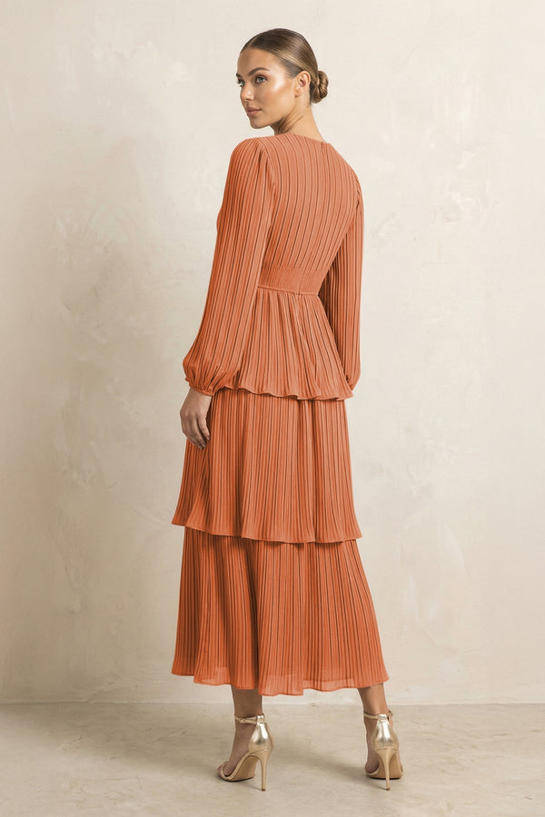 V - Neck Tiered A - Line Chiffon Midi Bridesmaid Dress in Terracotta - KissProm Bridesmaid Dresses