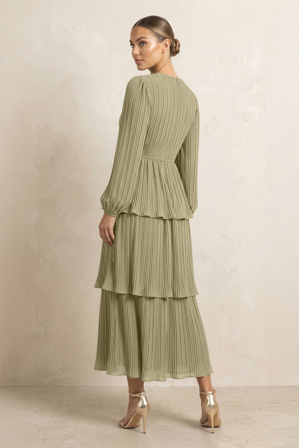 V - Neck Tiered A - Line Chiffon Midi Bridesmaid Dress in Thyme - KissProm Bridesmaid Dresses