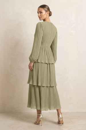 V - Neck Tiered A - Line Chiffon Midi Bridesmaid Dress in Thyme - KissProm Bridesmaid Dresses