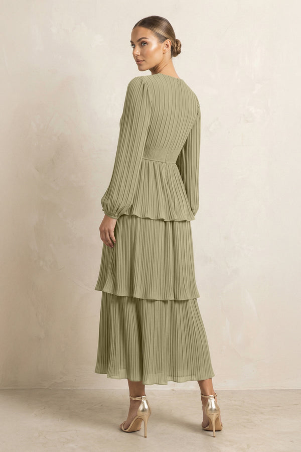 V - Neck Tiered A - Line Chiffon Midi Bridesmaid Dress in Thyme - KissProm Bridesmaid Dresses