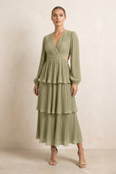 V - Neck Tiered A - Line Chiffon Midi Bridesmaid Dress in Thyme - KissProm Bridesmaid Dresses