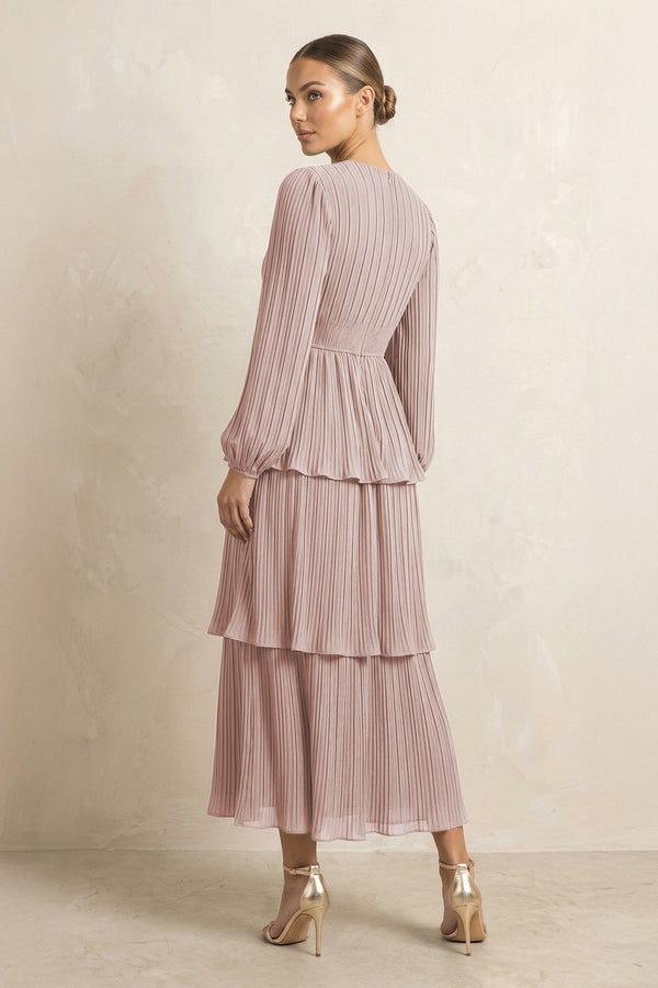V - Neck Tiered A - Line Chiffon Midi Bridesmaid Dress in Toffee - KissProm Bridesmaid Dresses