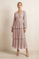 V - Neck Tiered A - Line Chiffon Midi Bridesmaid Dress in Toffee - KissProm Bridesmaid Dresses