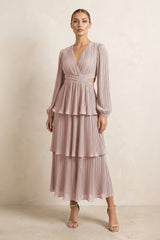V - Neck Tiered A - Line Chiffon Midi Bridesmaid Dress in Toffee - KissProm Bridesmaid Dresses