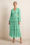 V - Neck Tiered A - Line Chiffon Midi Bridesmaid Dress in Turquoise - KissProm Bridesmaid Dresses