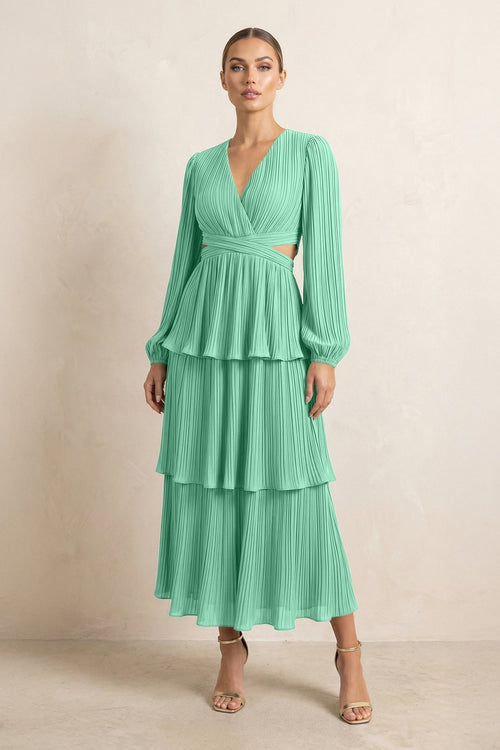 V - Neck Tiered A - Line Chiffon Midi Bridesmaid Dress in Turquoise - KissProm Bridesmaid Dresses