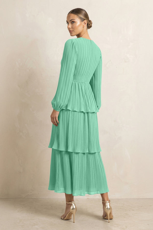 V - Neck Tiered A - Line Chiffon Midi Bridesmaid Dress in Turquoise - KissProm Bridesmaid Dresses