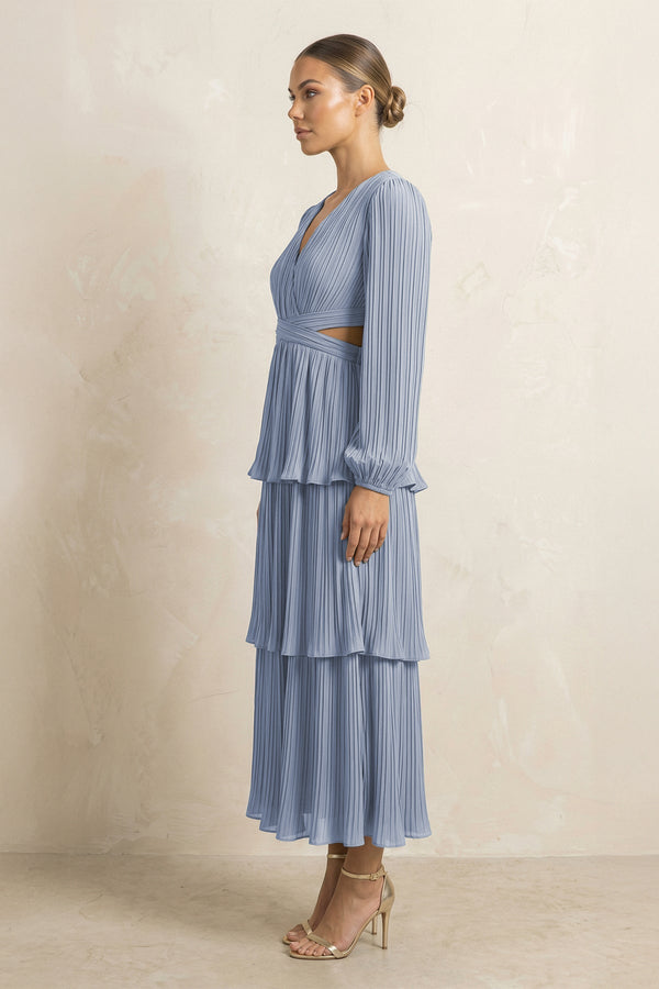 V - Neck Tiered A - Line Chiffon Midi Bridesmaid Dress in Twilight - KissProm Bridesmaid Dresses