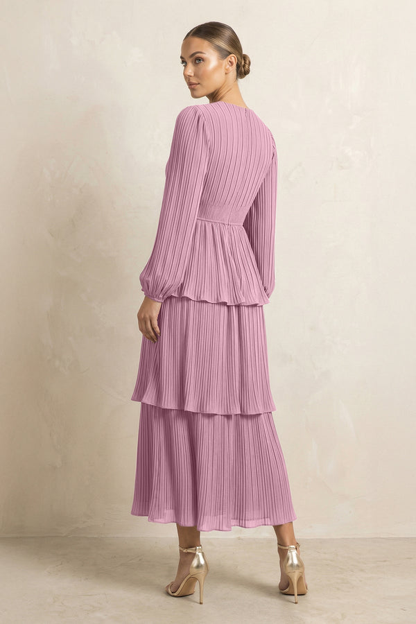 V - Neck Tiered A - Line Chiffon Midi Bridesmaid Dress in Vintage Mauve - KissProm Bridesmaid Dresses