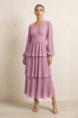 V - Neck Tiered A - Line Chiffon Midi Bridesmaid Dress in Vintage Mauve - KissProm Bridesmaid Dresses