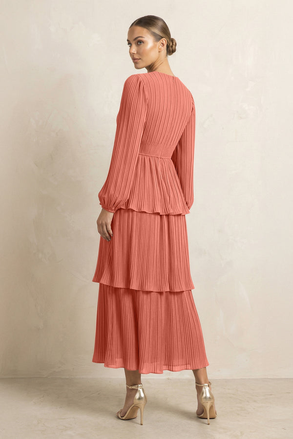 V - Neck Tiered A - Line Chiffon Midi Bridesmaid Dress in Wild Rose - KissProm Bridesmaid Dresses