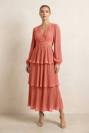 V - Neck Tiered A - Line Chiffon Midi Bridesmaid Dress in Wild Rose - KissProm Bridesmaid Dresses