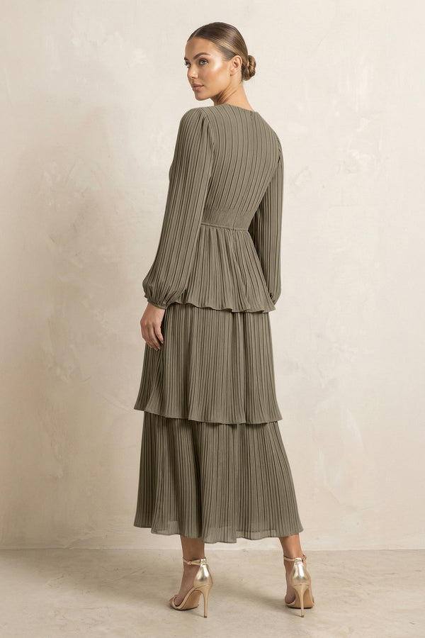 V - Neck Tiered A - Line Chiffon Midi Bridesmaid Dress in Willow Green - KissProm Bridesmaid Dresses