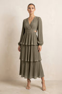 V - Neck Tiered A - Line Chiffon Midi Bridesmaid Dress in Willow Green - KissProm Bridesmaid Dresses