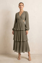 V - Neck Tiered A - Line Chiffon Midi Bridesmaid Dress in Willow Green - KissProm Bridesmaid Dresses