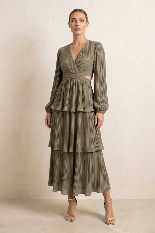 V - Neck Tiered A - Line Chiffon Midi Bridesmaid Dress in Willow Green - KissProm Bridesmaid Dresses