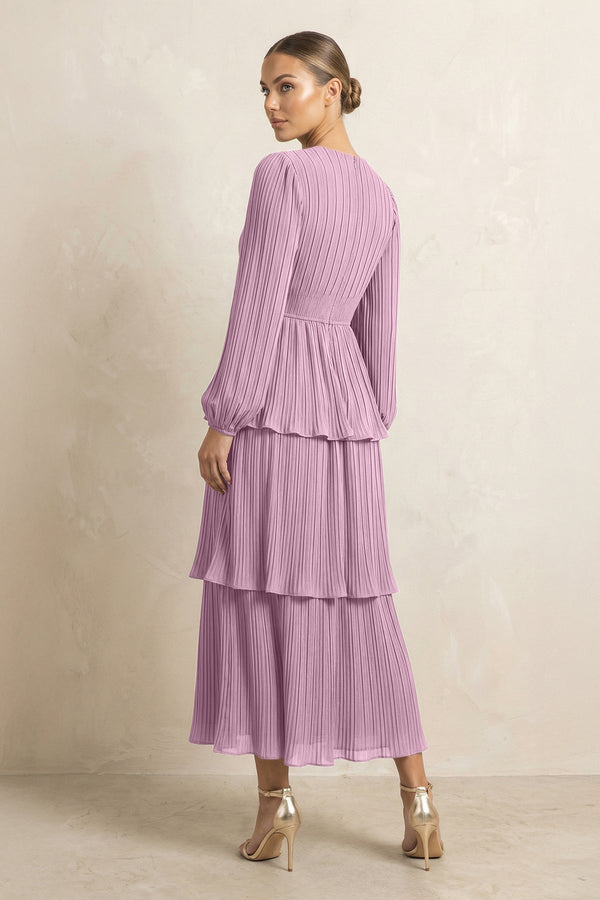 V - Neck Tiered A - Line Chiffon Midi Bridesmaid Dress in Wisteria - KissProm Bridesmaid Dresses