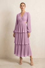 V - Neck Tiered A - Line Chiffon Midi Bridesmaid Dress in Wisteria - KissProm Bridesmaid Dresses