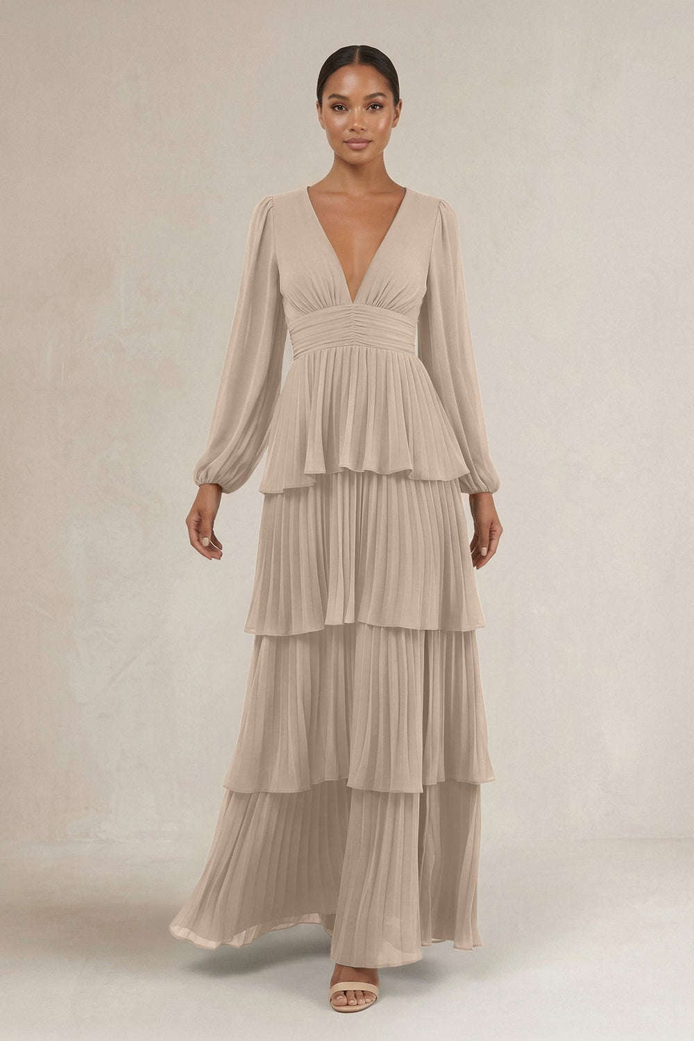 V - Neck Tiered A - Line Long Sleeve Bridesmaid Dress in Almond - KissProm Bridesmaid Dresses