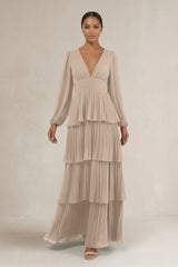 V - Neck Tiered A - Line Long Sleeve Bridesmaid Dress in Almond - KissProm Bridesmaid Dresses