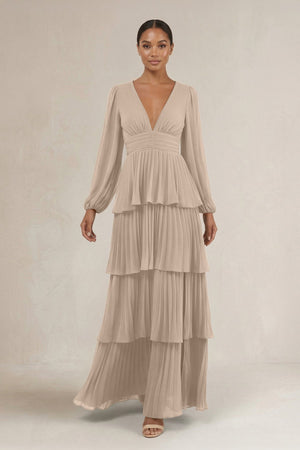 V - Neck Tiered A - Line Long Sleeve Bridesmaid Dress in Almond - KissProm Bridesmaid Dresses