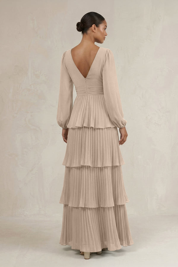V - Neck Tiered A - Line Long Sleeve Bridesmaid Dress in Almond - KissProm Bridesmaid Dresses