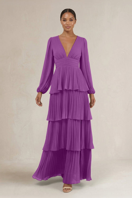 V - Neck Tiered A - Line Long Sleeve Bridesmaid Dress in Amethyst - KissProm Bridesmaid Dresses