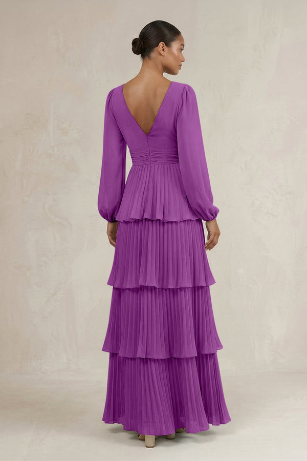 V - Neck Tiered A - Line Long Sleeve Bridesmaid Dress in Amethyst - KissProm Bridesmaid Dresses