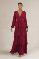 V - Neck Tiered A - Line Long Sleeve Bridesmaid Dress in Berry - KissProm Bridesmaid Dresses