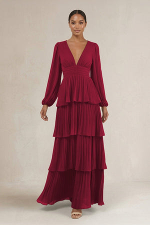 V - Neck Tiered A - Line Long Sleeve Bridesmaid Dress in Berry - KissProm Bridesmaid Dresses