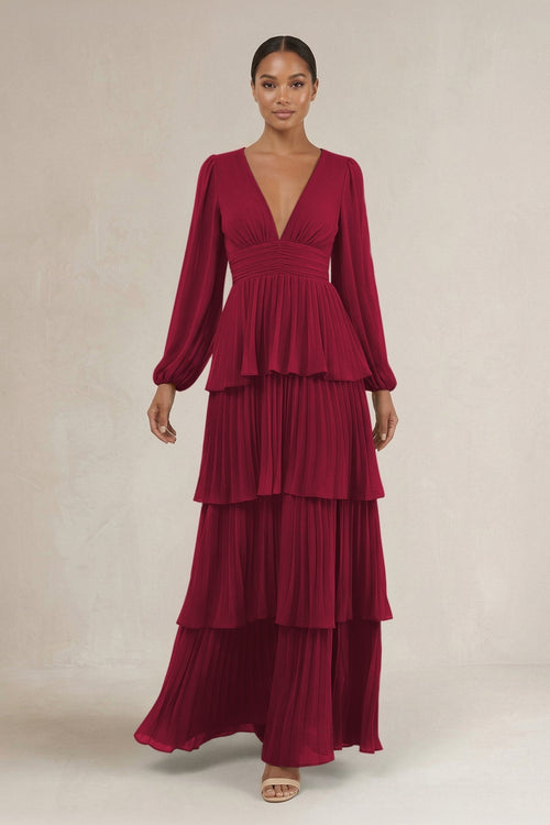 V - Neck Tiered A - Line Long Sleeve Bridesmaid Dress in Berry - KissProm Bridesmaid Dresses