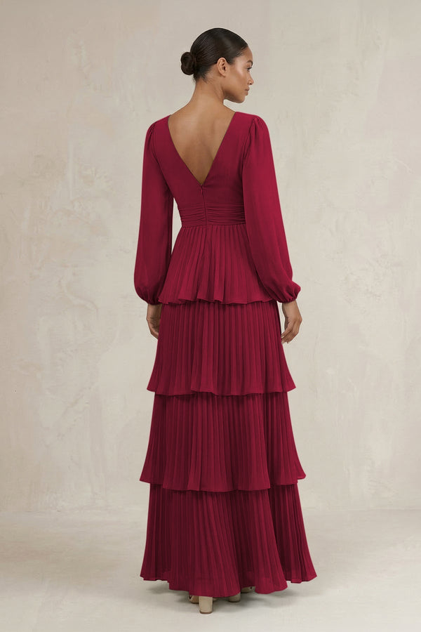 V - Neck Tiered A - Line Long Sleeve Bridesmaid Dress in Berry - KissProm Bridesmaid Dresses