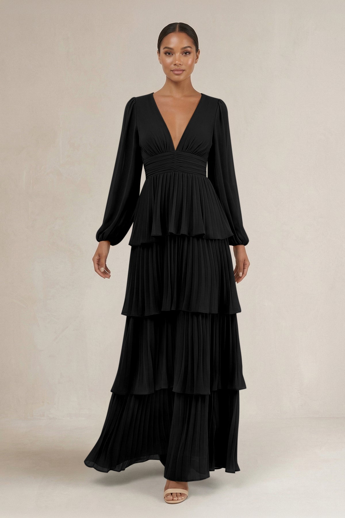 KissProm V-Neck Tiered A-Line Long Sleeve Bridesmaid Dress in Black, Black / 14
