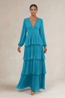 V - Neck Tiered A - Line Long Sleeve Bridesmaid Dress in Blue Jay - KissProm Bridesmaid Dresses