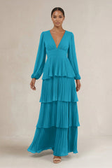 V - Neck Tiered A - Line Long Sleeve Bridesmaid Dress in Blue Jay - KissProm Bridesmaid Dresses
