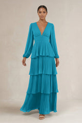 V - Neck Tiered A - Line Long Sleeve Bridesmaid Dress in Blue Jay - KissProm Bridesmaid Dresses