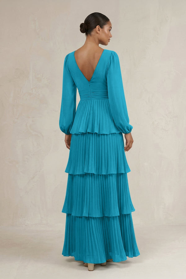 V - Neck Tiered A - Line Long Sleeve Bridesmaid Dress in Blue Jay - KissProm Bridesmaid Dresses