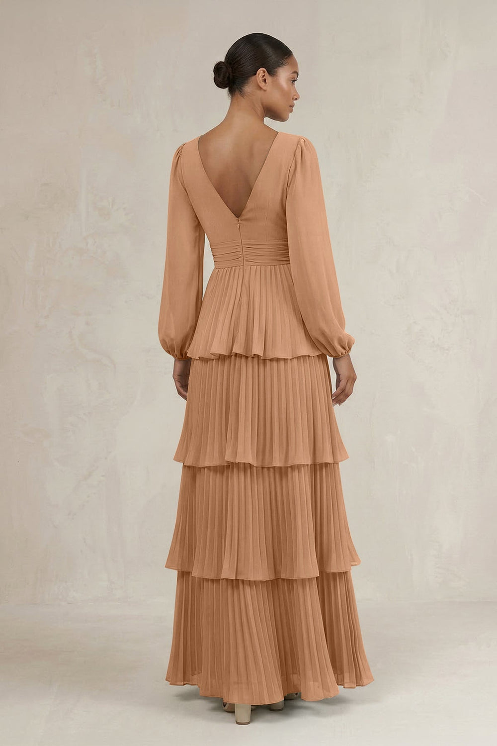 V - Neck Tiered A - Line Long Sleeve Bridesmaid Dress in Bronzer - KissProm Bridesmaid Dresses