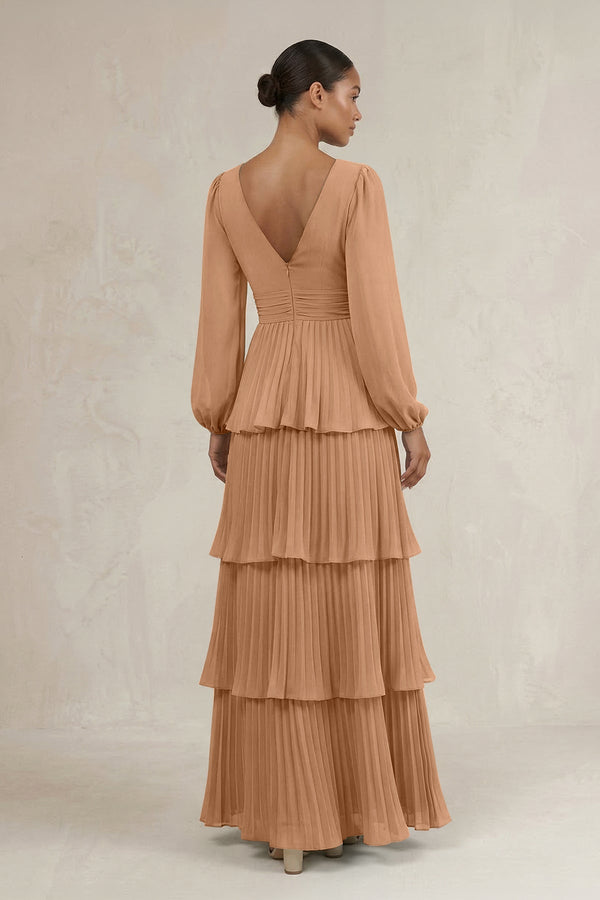V - Neck Tiered A - Line Long Sleeve Bridesmaid Dress in Bronzer - KissProm Bridesmaid Dresses
