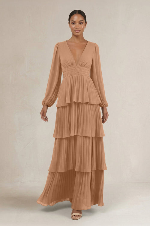 V - Neck Tiered A - Line Long Sleeve Bridesmaid Dress in Bronzer - KissProm Bridesmaid Dresses
