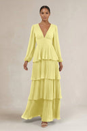 V - Neck Tiered A - Line Long Sleeve Bridesmaid Dress in Buttercup - KissProm Bridesmaid Dresses