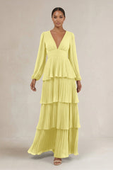 V - Neck Tiered A - Line Long Sleeve Bridesmaid Dress in Buttercup - KissProm Bridesmaid Dresses