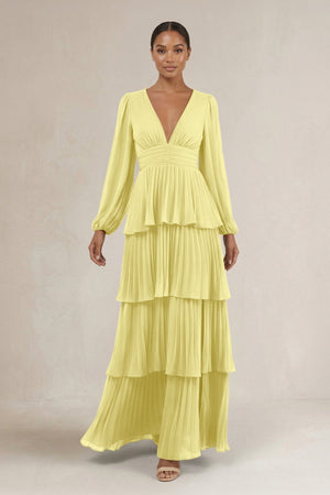 V - Neck Tiered A - Line Long Sleeve Bridesmaid Dress in Buttercup - KissProm Bridesmaid Dresses