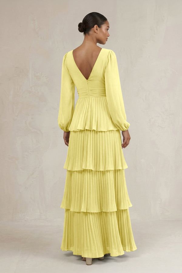 V - Neck Tiered A - Line Long Sleeve Bridesmaid Dress in Buttercup - KissProm Bridesmaid Dresses