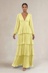 V - Neck Tiered A - Line Long Sleeve Bridesmaid Dress in Buttercup - KissProm Bridesmaid Dresses