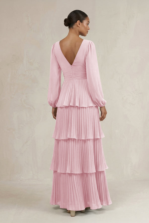 V - Neck Tiered A - Line Long Sleeve Bridesmaid Dress in Candy Pink - KissProm Bridesmaid Dresses