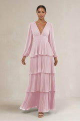 V - Neck Tiered A - Line Long Sleeve Bridesmaid Dress in Candy Pink - KissProm Bridesmaid Dresses