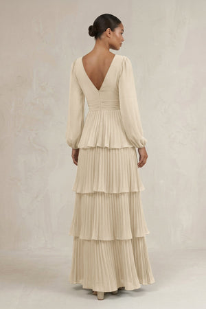 V - Neck Tiered A - Line Long Sleeve Bridesmaid Dress in Champagne - KissProm Bridesmaid Dresses