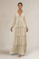 V - Neck Tiered A - Line Long Sleeve Bridesmaid Dress in Champagne - KissProm Bridesmaid Dresses