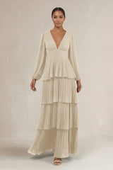 V - Neck Tiered A - Line Long Sleeve Bridesmaid Dress in Champagne - KissProm Bridesmaid Dresses